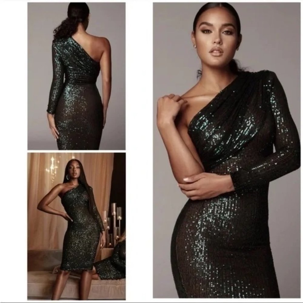 NWT- S- JLUXLABEL Sequin Beaded Green Lure Gathered One Shoulder Cocktail Dress